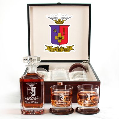 Custom Engraved Sigma Phi Epsilon - Personalized Whiskey Decanter Set In Cherry Wood Gift Box - Coat of Arms