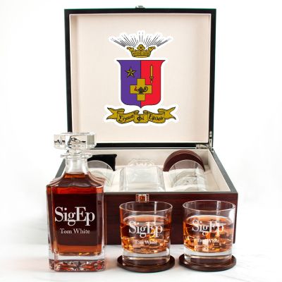 Custom Engraved Sigma Phi Epsilon - Personalized Whiskey Decanter Set In Cherry Wood Gift Box - Primary Fraternity Logo