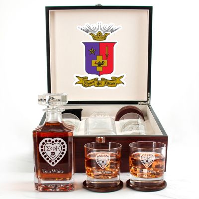Custom Engraved Sigma Phi Epsilon - Personalized Whiskey Decanter Set In Cherry Wood Gift Box - Fraternity Founders Badge