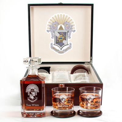 Custom Engraved Sigma Pi - Personalized Whiskey Decanter Set In Cherry Wood Gift Box - Coat of Arms