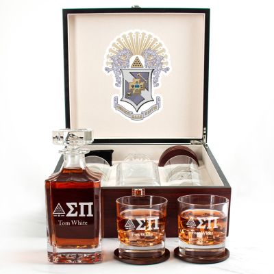 Custom Engraved Sigma Pi - Personalized Whiskey Decanter Set In Cherry Wood Gift Box - Standard Icon with Greek Letters
