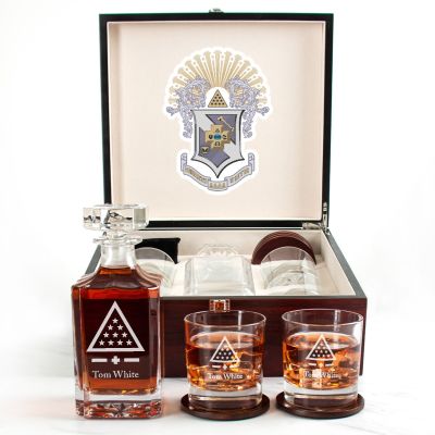 Custom Engraved Sigma Pi - Personalized Whiskey Decanter Set In Cherry Wood Gift Box - Standard Icon