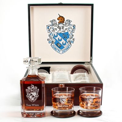 Custom Engraved Theta Xi - Personalized Whiskey Decanter Set In Cherry Wood Gift Box - Coat of Arms