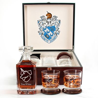 Custom Engraved Theta Xi - Personalized Whiskey Decanter Set In Cherry Wood Gift Box - Fraternity Shield