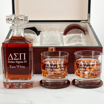 Custom Engraved Delta Sigma Pi - Personalized Whiskey Decanter Set In Cherry Wood Gift Box