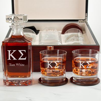 Custom Engraved Kappa Sigma - Personalized Whiskey Decanter Set In Cherry Wood Gift Box