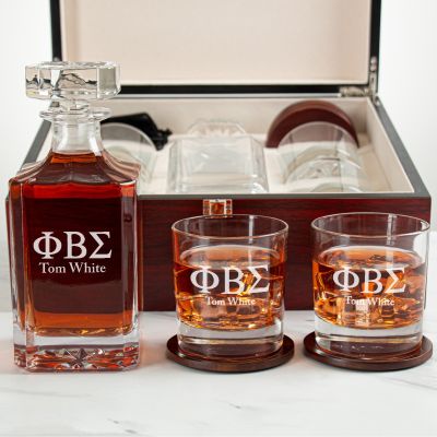 Custom Engraved Phi Beta Sigma - Personalized Whiskey Decanter Set In Cherry Wood Gift Box