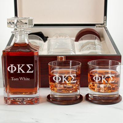 Custom Engraved Phi Kappa Sigma - Personalized Whiskey Decanter Set In Cherry Wood Gift Box