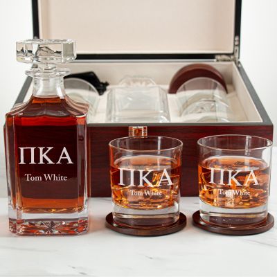 Custom Engraved Pi Kappa Alpha - Personalized Whiskey Decanter Set In Cherry Wood Gift Box