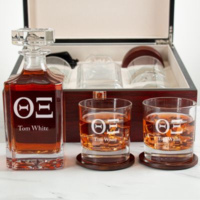 Custom Engraved Theta Xi - Personalized Whiskey Decanter Set In Cherry Wood Gift Box