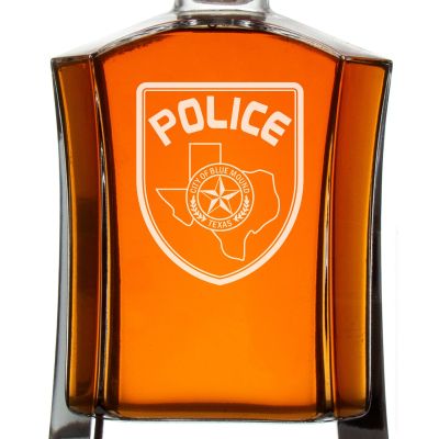 Custom Engraved Police Badges  - Custom Crown Decanter Set - City of Blue Mound TX Police Badge