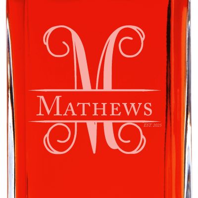 Custom Engraved Fancy Script Initial - Personalized Whiskey Decanter In Wood Gift Box