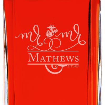 Custom Engraved Marines Mr & Mrs  - Personalized Whiskey Decanter In Wood Gift Box
