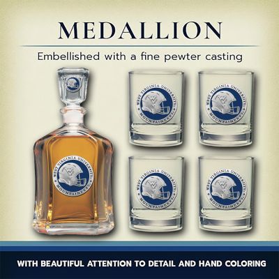 West Virginia University Mountaineers Helmet  - Capitol Decanter with 4 Double Old Fashioned Glasses in Chest