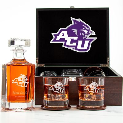 Customized Engraved Dark Brown Wood Box Decanter Set With Rocks Glasses - NCAA Abilene Christian University Wildcats