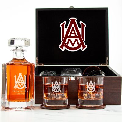 Customized Engraved Dark Brown Wood Box Decanter Set With Rocks Glasses - NCAA Alabama A&M Bulldogs