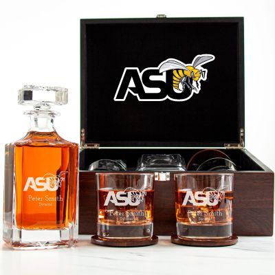 Customized Engraved Dark Brown Wood Box Decanter Set With Rocks Glasses - NCAA Alabama State Hornets
