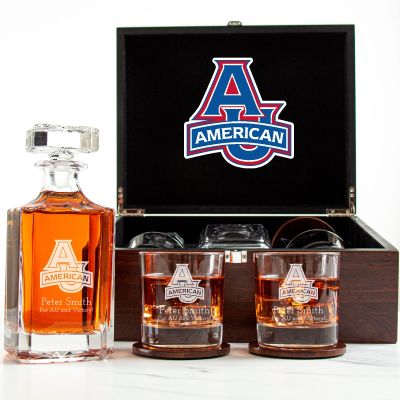Customized Engraved Dark Brown Wood Box Decanter Set With Rocks Glasses - NCAA American University Eagles