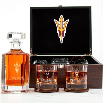 Customized Engraved Dark Brown Wood Box Decanter Set With Rocks Glasses - NCAA Arizona State University Sun Devils