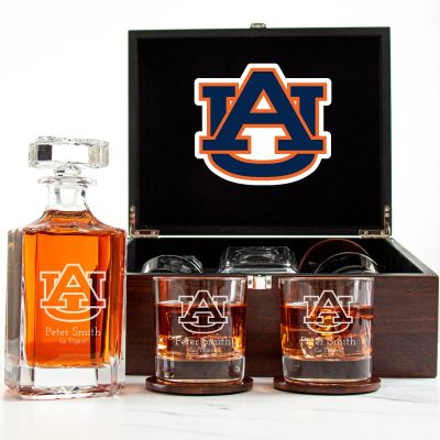 Customized Engraved Dark Brown Wood Box Decanter Set With Rocks Glasses - NCAA Auburn University Tigers