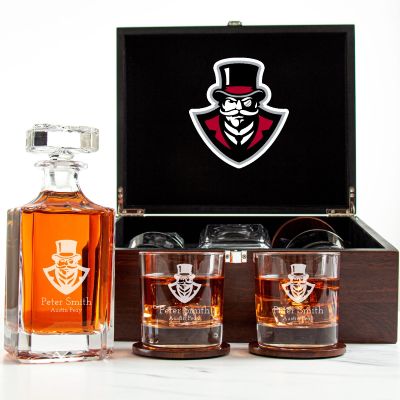 Customized Engraved Dark Brown Wood Box Decanter Set With Rocks Glasses - NCAA Austin Peay State University Governors