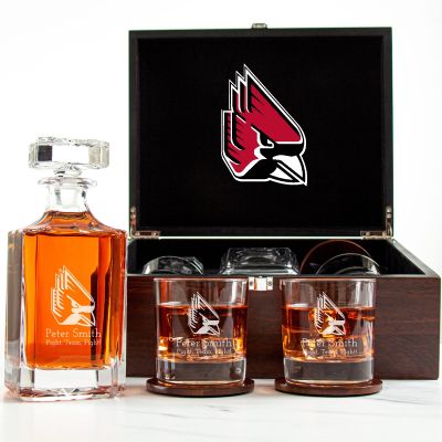 Customized Engraved Dark Brown Wood Box Decanter Set With Rocks Glasses - NCAA Ball State University Cardinals