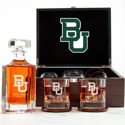Customized Engraved Dark Brown Wood Box Decanter Set With Rocks Glasses - NCAA Baylor University Bears