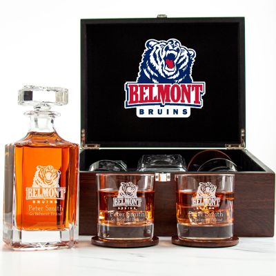 Customized Engraved Dark Brown Wood Box Decanter Set With Rocks Glasses - NCAA Belmont University Bruins