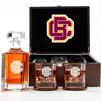 Customized Engraved Dark Brown Wood Box Decanter Set With Rocks Glasses - NCAA Bethune–Cookman University Wildcats