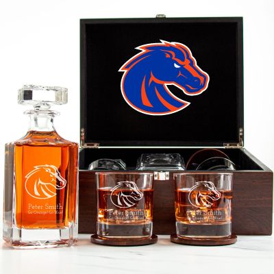 Customized Engraved Dark Brown Wood Box Decanter Set With Rocks Glasses - NCAA Boise State University Broncos