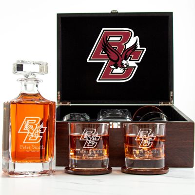 Customized Engraved Dark Brown Wood Box Decanter Set With Rocks Glasses - NCAA Boston College Eagles