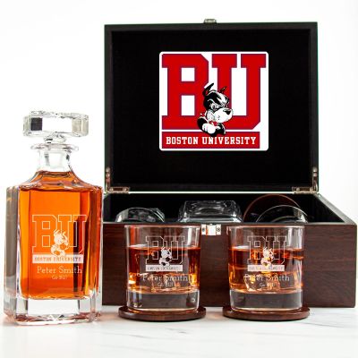 Customized Engraved Dark Brown Wood Box Decanter Set With Rocks Glasses - NCAA Boston University Terriers