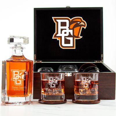 Customized Engraved Dark Brown Wood Box Decanter Set With Rocks Glasses - NCAA Bowling Green State University Falcons