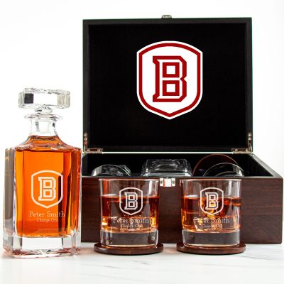 Customized Engraved Dark Brown Wood Box Decanter Set With Rocks Glasses - NCAA Bradley University Braves