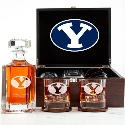 Customized Engraved Dark Brown Wood Box Decanter Set With Rocks Glasses - NCAA Brigham Young University Cougars