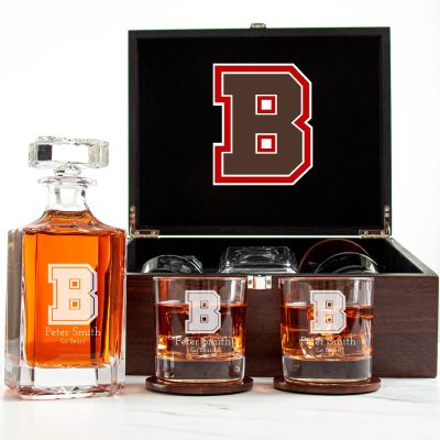 Customized Engraved Dark Brown Wood Box Decanter Set With Rocks Glasses - NCAA Brown University Bears