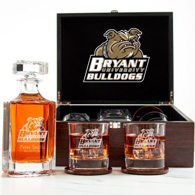 Customized Engraved Dark Brown Wood Box Decanter Set With Rocks Glasses - NCAA Bryant University Bulldogs
