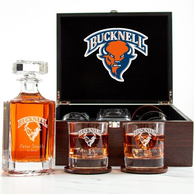 Customized Engraved Dark Brown Wood Box Decanter Set With Rocks Glasses - NCAA Bucknell Bison