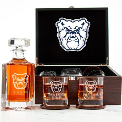 Customized Engraved Dark Brown Wood Box Decanter Set With Rocks Glasses - NCAA Butler Bulldogs