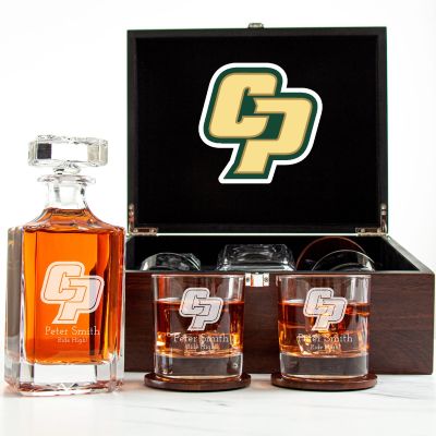 Customized Engraved Dark Brown Wood Box Decanter Set With Rocks Glasses - NCAA Cal Poly Mustangs