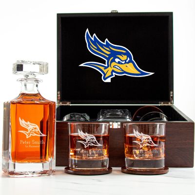 Customized Engraved Dark Brown Wood Box Decanter Set With Rocks Glasses - NCAA Cal State Bakersfield Roadrunners