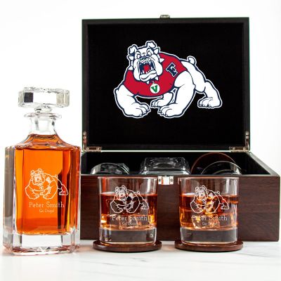 Customized Engraved Dark Brown Wood Box Decanter Set With Rocks Glasses - NCAA Fresno State Bulldogs