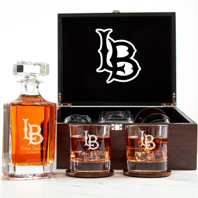 Customized Engraved Dark Brown Wood Box Decanter Set With Rocks Glasses - NCAA Long Beach State Beach