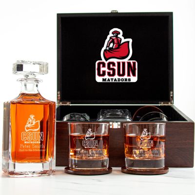 Customized Engraved Dark Brown Wood Box Decanter Set With Rocks Glasses - NCAA Cal State Northridge CSUN Matadors
