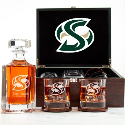 Customized Engraved Dark Brown Wood Box Decanter Set With Rocks Glasses - NCAA Sacramento State Hornets