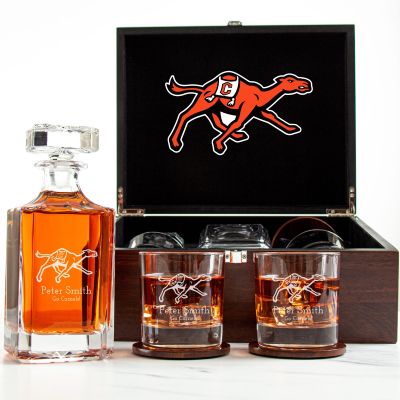 Customized Engraved Dark Brown Wood Box Decanter Set With Rocks Glasses - NCAA Campbell Fighting Camels