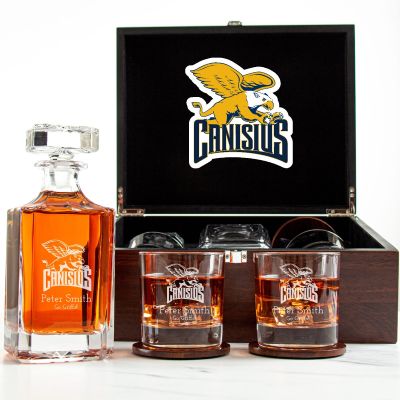 Customized Engraved Dark Brown Wood Box Decanter Set With Rocks Glasses - NCAA Canisius Golden Griffins