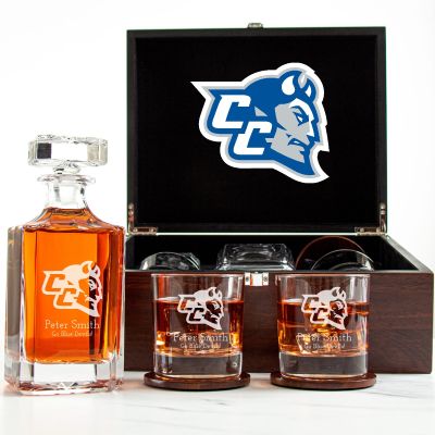 Customized Engraved Dark Brown Wood Box Decanter Set With Rocks Glasses - NCAA Central Connecticut Blue Devils