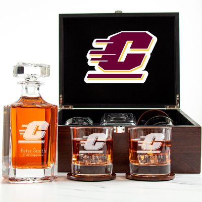 Customized Engraved Dark Brown Wood Box Decanter Set With Rocks Glasses - NCAA Central Michigan Chippewas