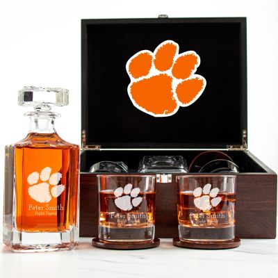 Customized Engraved Dark Brown Wood Box Decanter Set With Rocks Glasses - NCAA Clemson University Tigers